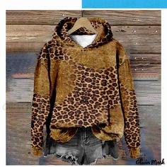 Olivia Mark - Leopard Print Digital Printed Hoodie with Loose Fit and Hood Casual Brown Long Sleeve Hoodie, Casual Brown Fleece Top, Patchwork Fashion, Desert Boots, Olivia Mark, Types Of Collars, Clothing Patterns, Hoodie Print, Western Fashion