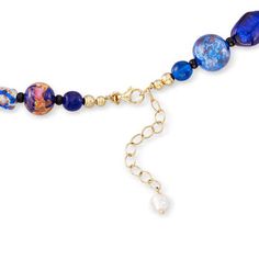 Ross-Simons - Italian Multicolored Murano Glass Bead Necklace Over Sterling. 20". An RS exclusive. Treat yourself to the luxury of Italian jewelry with this breathtaking selection. This masterpiece showcases 6-20mm Murano glass beads in glowing shades of blue and gold. Finishes with an 18kt yellow gold over sterling silver decorative clasp. 1/8" to 7/8" wide. Includes a 2" extender. Murano glass beads are unique and may vary. Lobster clasp, Murano glass bead necklace. Elegant Oval Beaded Necklace, Luxury Multicolor Beaded Jewelry, Elegant Multicolor Oval Necklace, Adjustable Multicolor Necklace For Formal Occasions, Elegant Multicolor Single Strand Bracelet, Elegant Multicolor Beaded Necklaces With Spacer Beads, Elegant Adjustable Multicolor Pearl Necklace, Elegant Oval Glass Necklace, Elegant Glass Beaded Necklaces With Spacer Beads