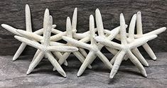 three white starfish sculptures sitting next to each other on a wooden surface with grey background