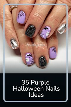 Are you ready to take your Halloween nail game to the next level? Embrace the enchanting allure of purple this spooky season with these mesmerizing nail designs. From creepy cobwebs to hauntingly beautiful ombre effects, these purple nails will add a touch of mystique to any Halloween costume. Unleash your inner witch and create a bewitching look that will leave everyone spellbound! Try out these eerie violet hues and cast an irresistible charm on your fingertips this Halloween season. Purple Halloween Nails Simple, Halloween Nails With Purple, Spooky Purple Nails, Lavender Halloween Nails, Halloween Nail Designs Purple, Purple Witch Nails, Purple Nails Halloween, Purple Spooky Nails, Halloween Purple Nails