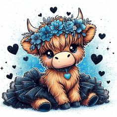 a drawing of a cute little cow with flowers on her head and tutu skirt