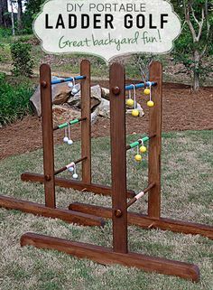 an outdoor game set made out of wooden poles and ropes with a sign that says diy portable ladder golf great backyard fun