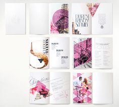 several brochures are arranged on top of each other with pink and white designs