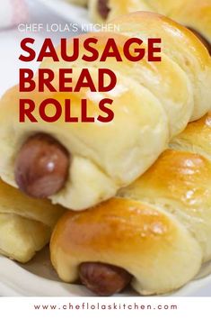 sausage bread rolls are piled on top of each other