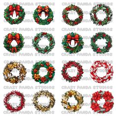 christmas wreaths with bows and bells in different colors, sizes and shapes on a white background