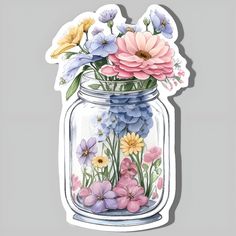 a glass jar filled with lots of flowers on top of a gray surface and cut out into the shape of a sticker