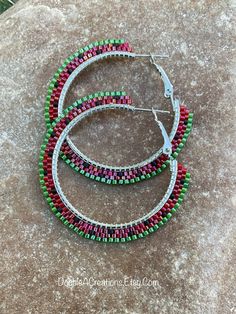 Red Watermelon Beaded 1 1/2 Inch Hoop Earrings - Etsy Festive Beaded Hoop Earrings With Round Beads, Festive Beaded Hoop Earrings, Red Colorful Beads Hoop Earrings, Red Hoop Earrings With Colorful Beads, Red Beaded Round Hoop Earrings, Red Beaded Hoop Jewelry, Red Hoop Jewelry With Colorful Beads, Beaded Small Hoop Earrings, Dyi Earrings