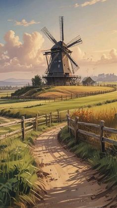 a painting of a windmill in the middle of a field with a path leading to it