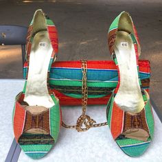 Heels + Pocketbook African Print Set - New Size 9 Us Women - Very Comfortable! Pocket Book, African Print, Shoes Women Heels, New Color, Shoes Heels, Women Shoes, Heels, Green, Red