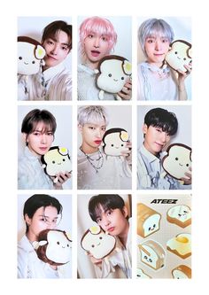 several pictures of people holding bread and cookies in front of their faces with different expressions