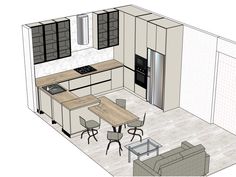 a drawing of a kitchen and dining area