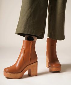 Paz Clog Boot, Luggage Brown | Charlotte Stone 70s Boots, Charlotte Stone, Where Am I, Clog Boots, Luggage Sizes, 70s Style, Wooden Heel, 4 Inch Heels, 70s Fashion