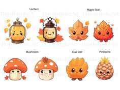 the different types of autumn leaves and mushrooms with cute faces on them, including an orange mushroom