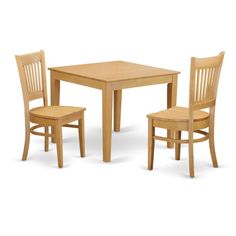 a wooden table and two chairs with one chair up against the other, in front of a white background