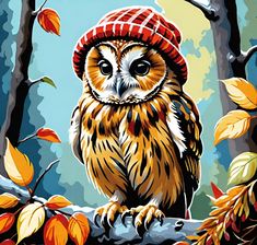 an owl with a red hat is sitting on a branch