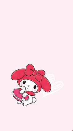 hello kitty holding a heart in her hands on a pink background with the words hello kitty written