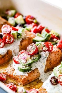 Salmon With Yogurt Sauce, Salmon And Greek Yogurt, Caloric Density Foods, Upscale Fish Recipes, Salmon Side Dishes Ideas Healthy, Recipes Using Tzatziki, Medditeranean Salmon, Baked Salmon With Dill Sauce, Herb Salmon Recipes