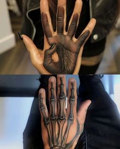 two hands with skeleton prints on them and one is holding the other hand up to show it