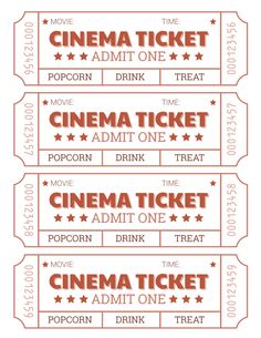 three red tickets with the words cinema ticket and two movie tickets on them, all in different