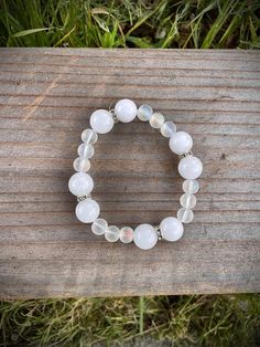 White jade/ white glass beads ~Island Collection~ Beaded Bracelet Pearl White Beaded Crystal Bracelet, Handmade White Crystal Spiritual Bracelet, White Large Beads Spiritual Jewelry, White Moonstone Hand-strung Bracelet, Handmade White Spiritual Crystal Bracelet, Pearl White Crystal Bracelet With Round Beads, White Moonstone Beaded Bracelet With 8mm Beads, Adjustable White Crystal Bracelet With Gemstone Beads, Hand-strung Pearl White Beaded Bracelets