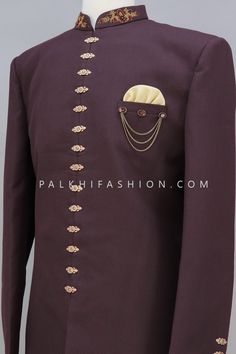 Get the best wedding look with this wine silk indo-western for an ethnic look. Paired with elegant buttons designs and stonework. Detailed with a stand collar, and full placket, and hook and button opening. Comes with contrast beige color pants. Traditional Formal Nehru Jacket With Buttons, Traditional Nehru Jacket With Buttons For Formal Occasions, Traditional Formal Nehru Jacket, Traditional Formal Sets With Buttons, Elegant Festive Bandhgala With Buttons, Traditional Wedding Sets With Buttons, Traditional Bandhgala With Buttons For Formal Occasions, Traditional Formal Bandhgala With Buttons, Ceremonial Bandhgala With Dori Work And Traditional Drape