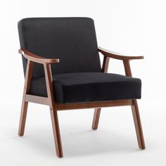 a wooden chair with black fabric upholstered on the back and armrests