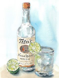 a watercolor painting of a bottle of tito's vodka and two limes