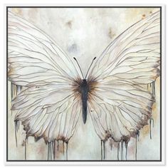 a painting of a white butterfly with dripping paint on it's wings and back