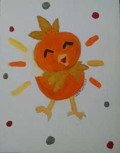 a drawing of an orange bird with its eyes closed and hands in the air, surrounded by confetti sprinkles