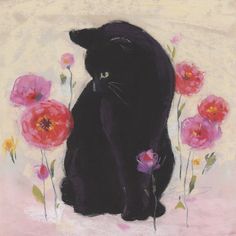 a painting of a black cat sitting in front of pink and yellow flowers on a white background