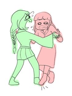 two people in green and pink are facing each other, one is holding the other's head