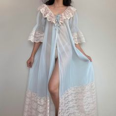 Vintage Romantic Blue Robe (S-M) length: 55 in brand: intime california  vintage condition model measurements: size: xs-s chest: 30 in (32a) waist: 25 in hip: 36 in height: 5 ft 6 in returns: returns, exchanges, and refunds are not accepted. please read measurements in each product page carefully before purchasing to ensure the item fits. If you have any questions about specific clothing please contact us at message before placing an order. Victorian Nightgown Romantic, Detail Couture, Romantic Blue, Vintage Nightgown, Night Dress For Women, Pretty Lingerie, Womens Robes, Mode Inspo, Vintage Lingerie