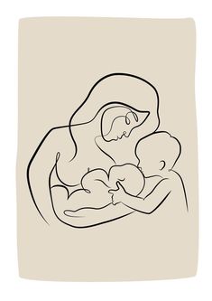 a black and white drawing of a woman holding a baby