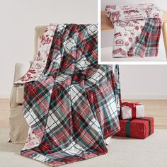 a plaid blanket and gift boxes on the floor next to a chair with christmas presents