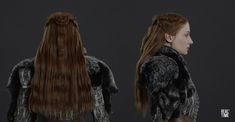 a woman with long red hair is shown from the back and side view, wearing a fur coat