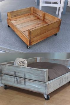 two pictures side by side one has a bed and the other has a box on wheels