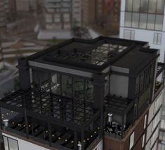 a model of a building with lots of windows and balconies on the roof