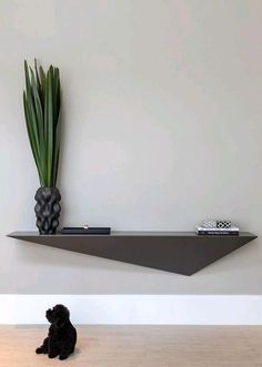 a black dog sitting on the floor next to a shelf with a plant and remote control