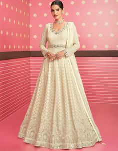 Off White Anarkali style Anarkali Semi-Stitched Suits White Gown Indian, Off White Gown, White Anarkali Suits, Off White Anarkali, Long Anarkali Gown, Georgette Anarkali Suits, White Anarkali, Georgette Anarkali, Long Anarkali