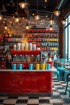 there are many cups on the counter in this coffee shop that is red and blue