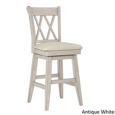 an antique white bar stool with a cushion on the seat and backrest, against a white background