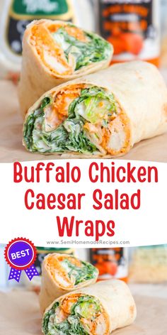 the chicken caesar salad wraps are cut in half and stacked on top of each other