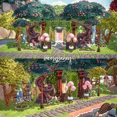 an animated garden with flowers and trees