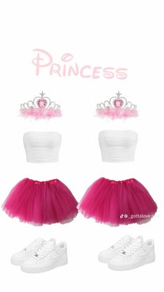 three pieces of white and pink tulle with princess tiara on top, two pairs of sneakers