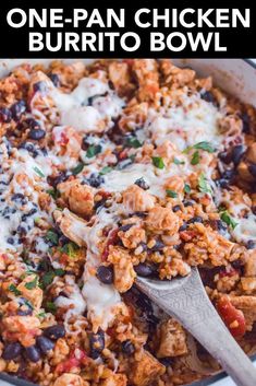 a skillet filled with mexican rice and beans