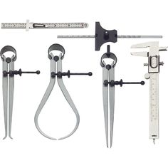 three different tools are shown with one measuring tool and the other holding a pair of scissors