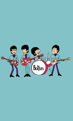 the beatles cartoon character playing guitar and singing with another band member in front of them