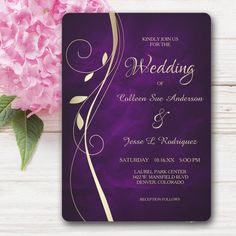 purple and gold wedding card with pink flowers