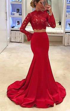 Prom Dress Long Sleeve, Prom Dress Two Piece, Teenage Hairstyles, Red Prom Dress Long, Red Lace Prom Dress, Fun School, Prom Dress Long, 파티 드레스, Long Sleeve Prom