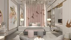 a bedroom decorated in pink and white with gold accents, chandelier, bed, mirror, stools